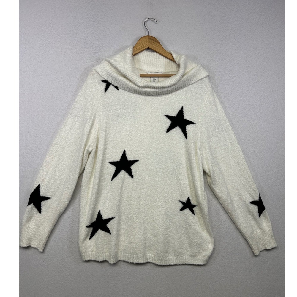 Celestial Whimsigoth Rachel Zoe Womens XL Cream Black Star Cowl Neck Sweater
